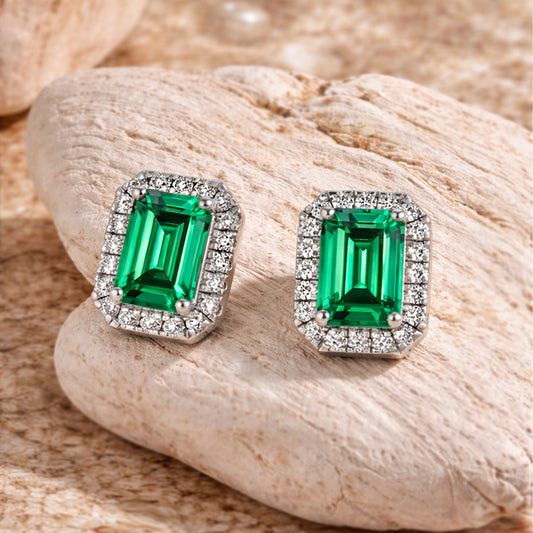 Emerald Cut Silver Stud Earrings