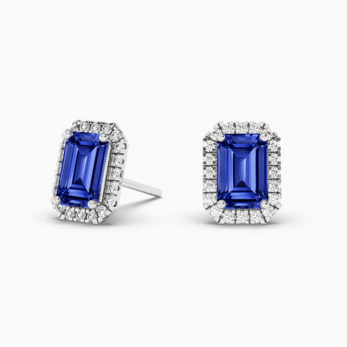 emerald cut blu sapphire silver earrings