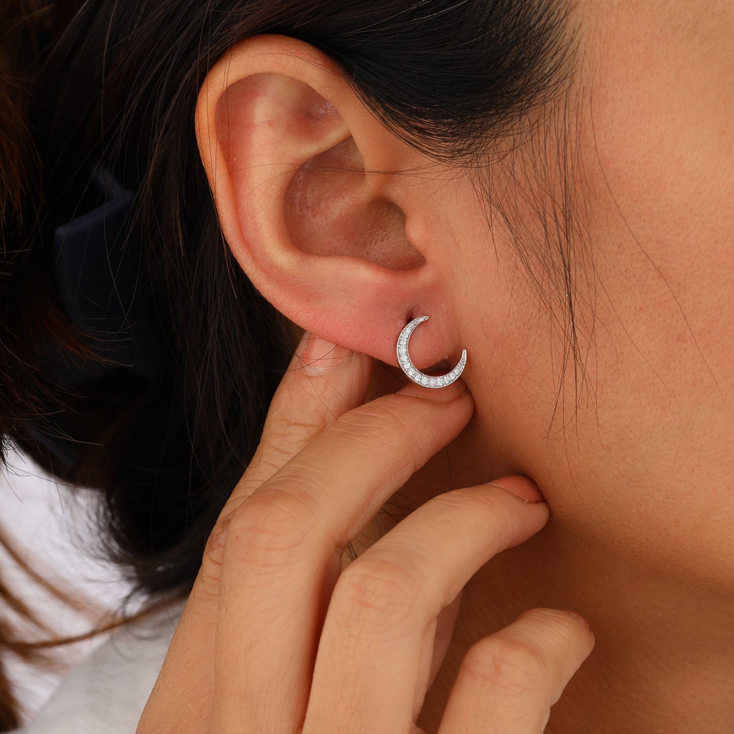 Silver Diamond Moon Stud Earrings