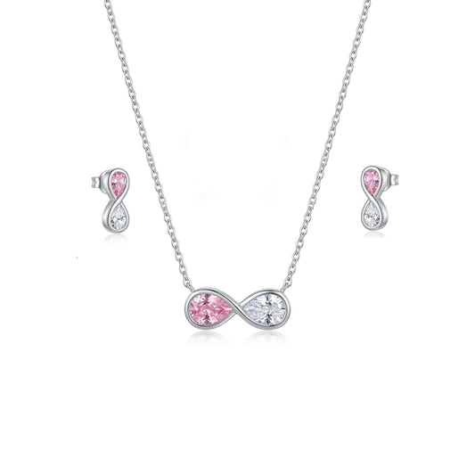 Jewelry set with pink and silver infinity design necklace