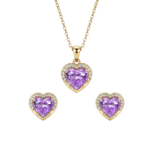 Heart-shaped purple gemstone jewelry set with gold necklaces and earrings