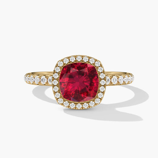 Red ruby halo diamond ring