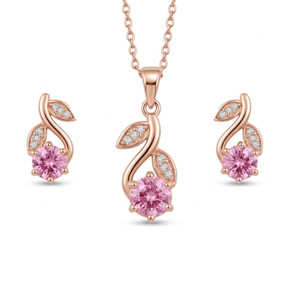 Rose gold jewelry set with pink gemstones 