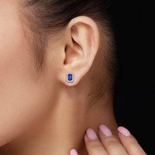 Blue Diamond Silver Halo Earrings