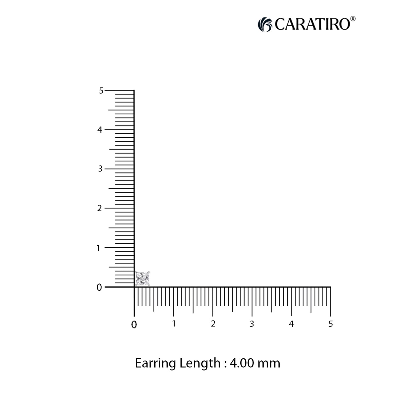 Measurement of an earring length with a ruler on a white background, featuring the Caratiro brand.