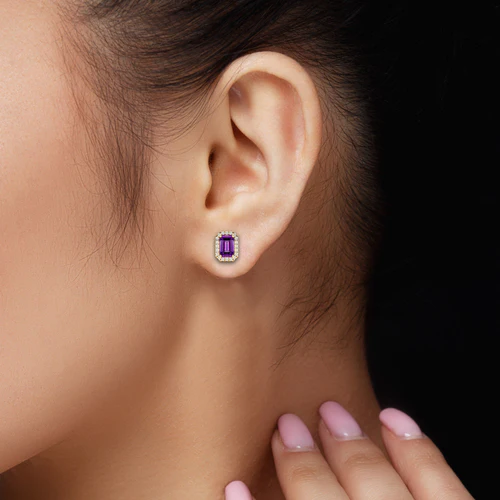 Purple Amethyst Halo Diamond Earrings