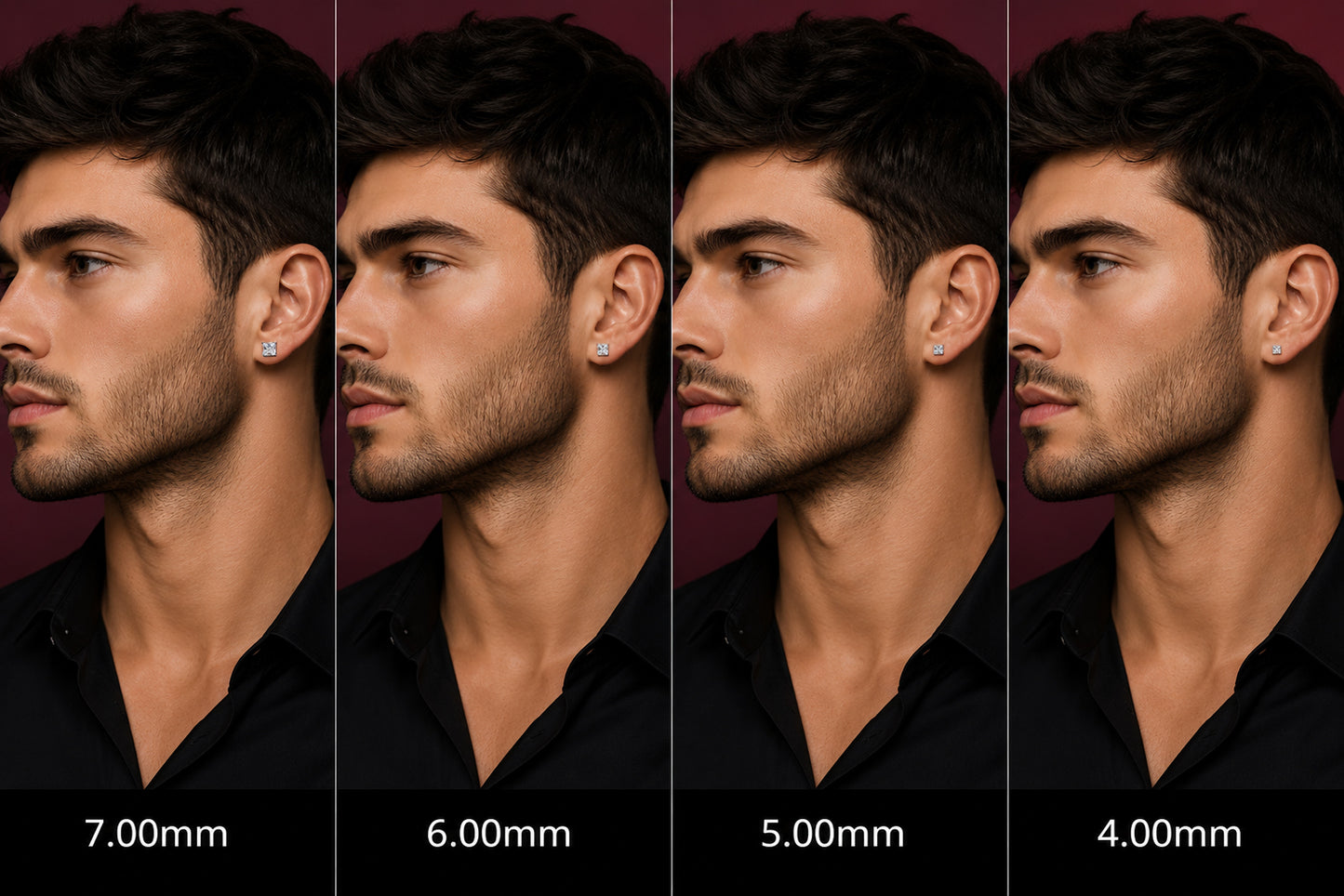 Side profile of a man with different hair lengths shown on a dark background