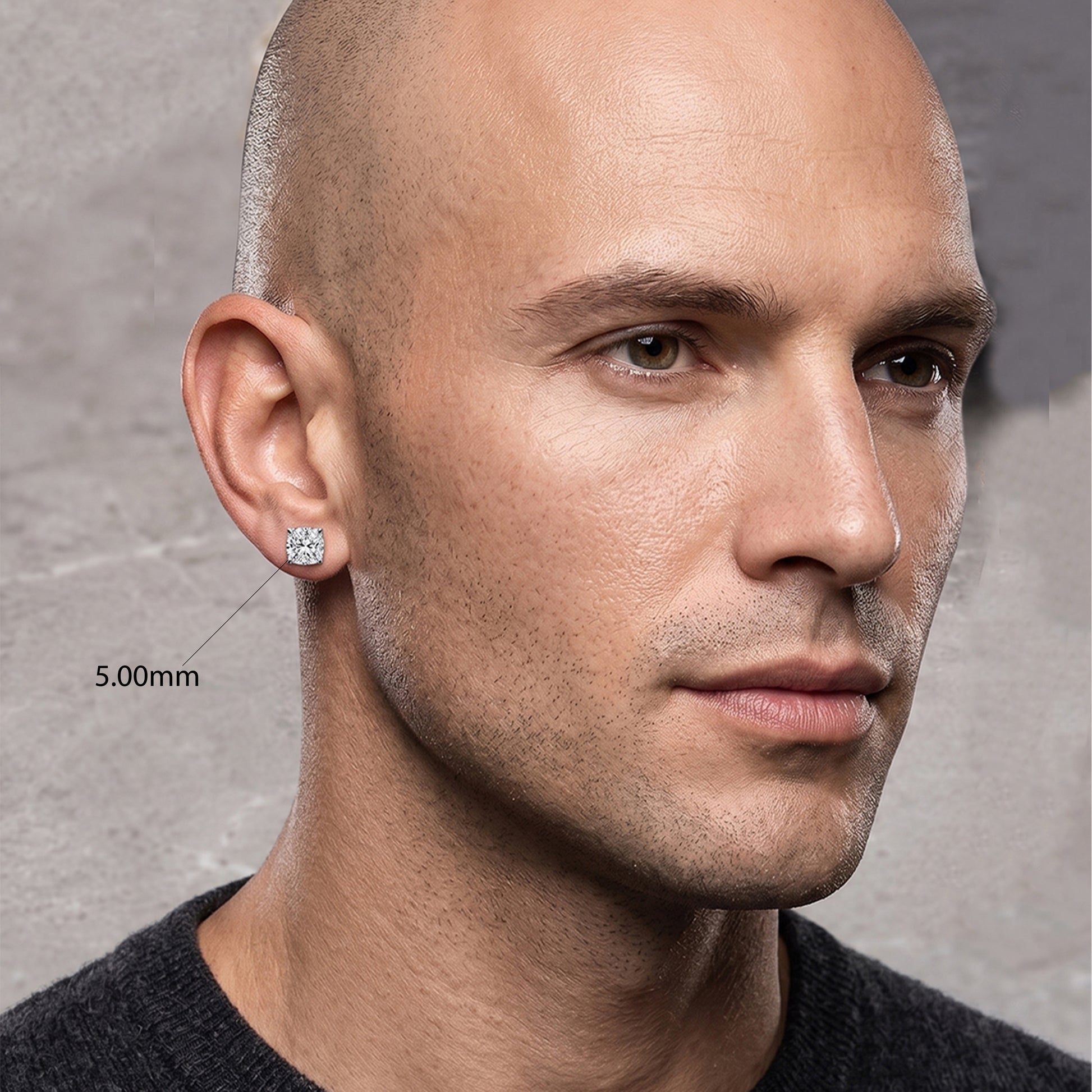 Close-up of a man wearing a diamond earring with a gray background