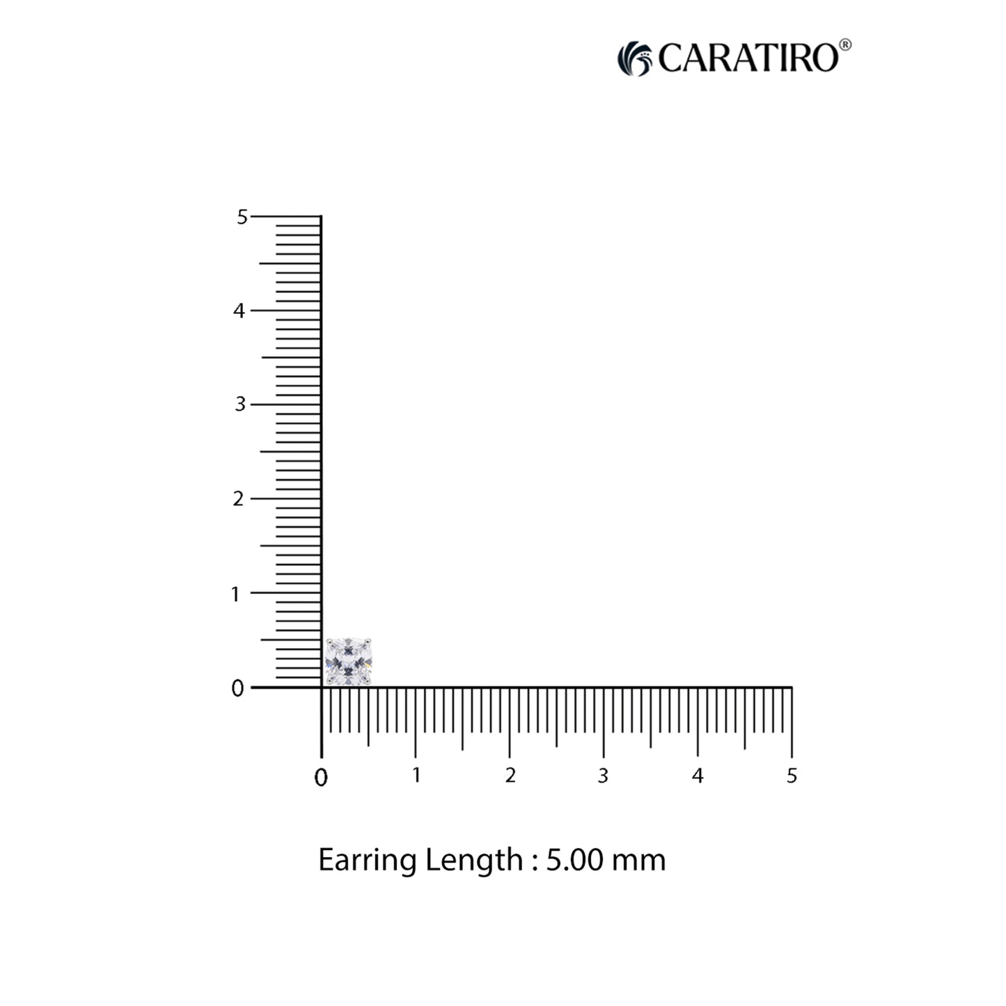Measurement of an earring length with a ruler and Caratiro branding.