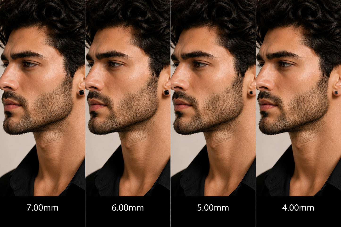 Side profile of a man with different ear sizes labeled on a beige background