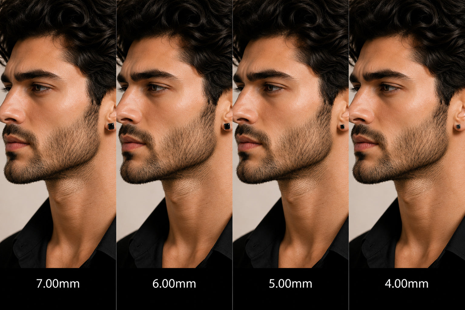 Side profile of a man with different ear sizes labeled on a beige background
