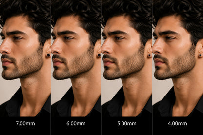 Side profile of a man with different ear sizes labeled on a beige background