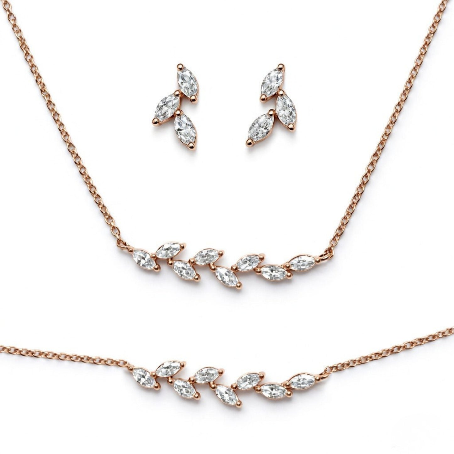 Rose gold plated necklace and earrings set on a white background