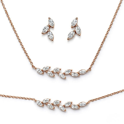 Rose gold plated necklace and earrings set on a white background
