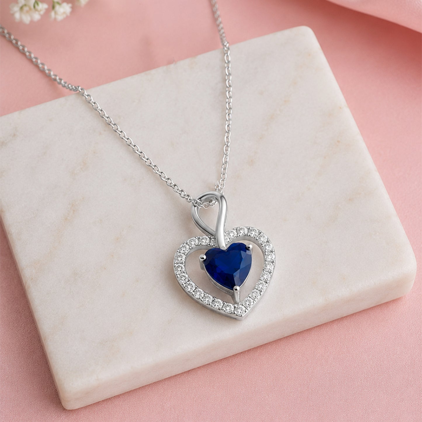 Silver Heart Shaped Blue Sapphire Pendant Chain