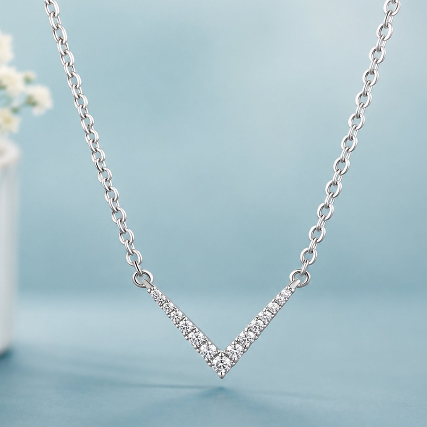 Sterling Silver V Shape Diamond Necklace