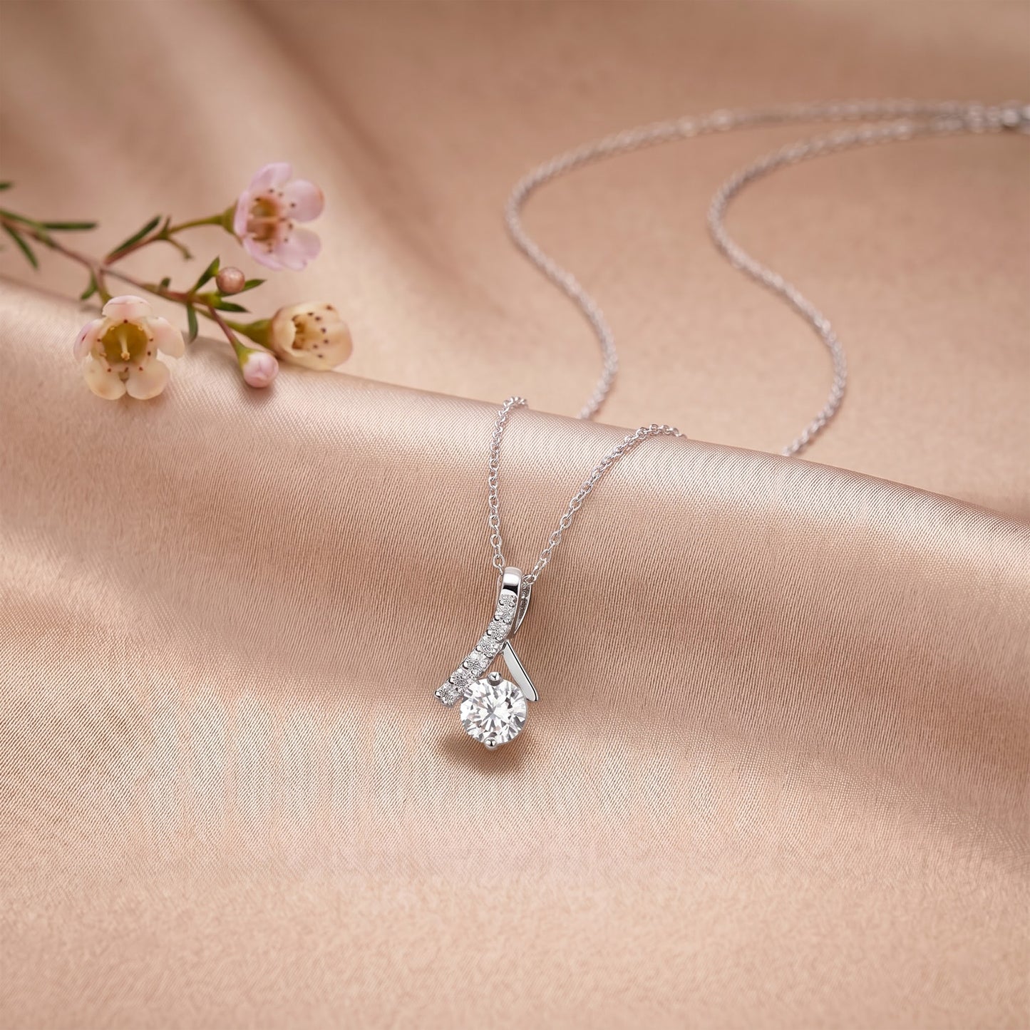 Silver Diamond Solitaire Pendant with Chain