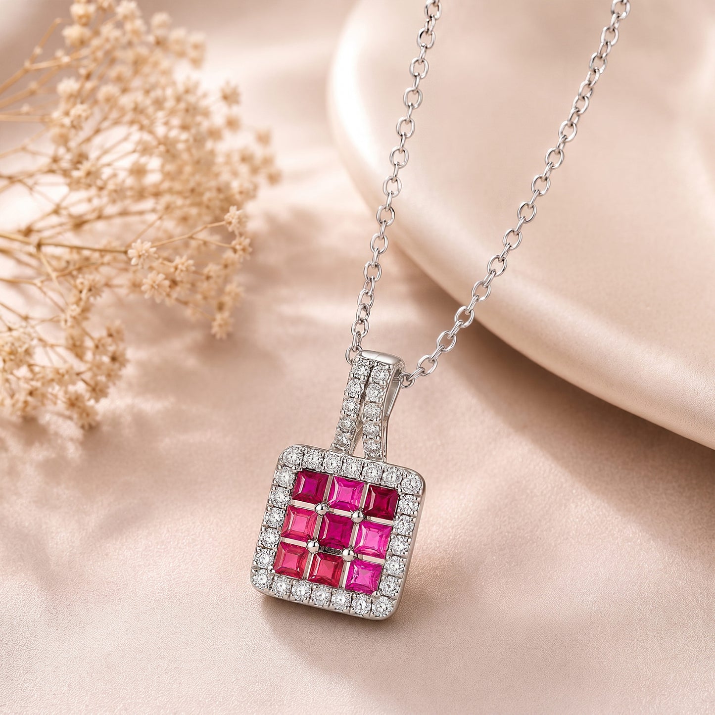 Sterling Silver Ruby Diamond Necklace