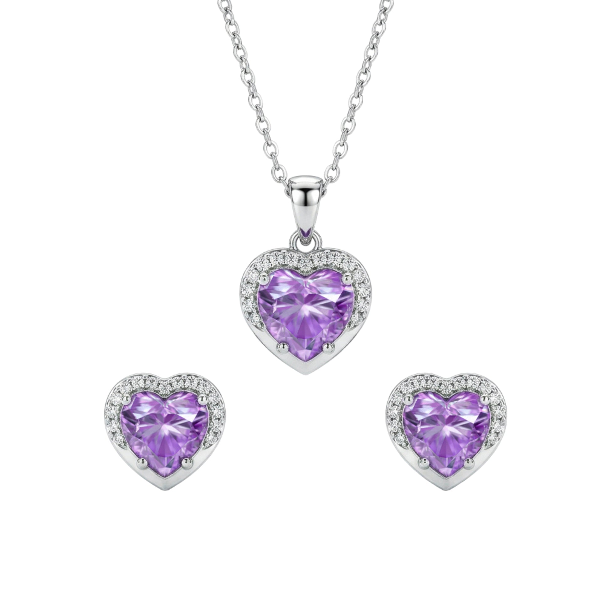 Heart-shaped purple gemstone jewelry set with silver necklace and earrings 