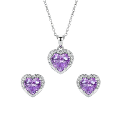 Heart-shaped purple gemstone jewelry set with silver necklace and earrings 