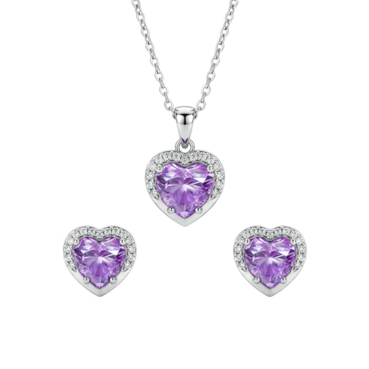 Heart-shaped purple gemstone jewelry set with silver necklace and earrings 