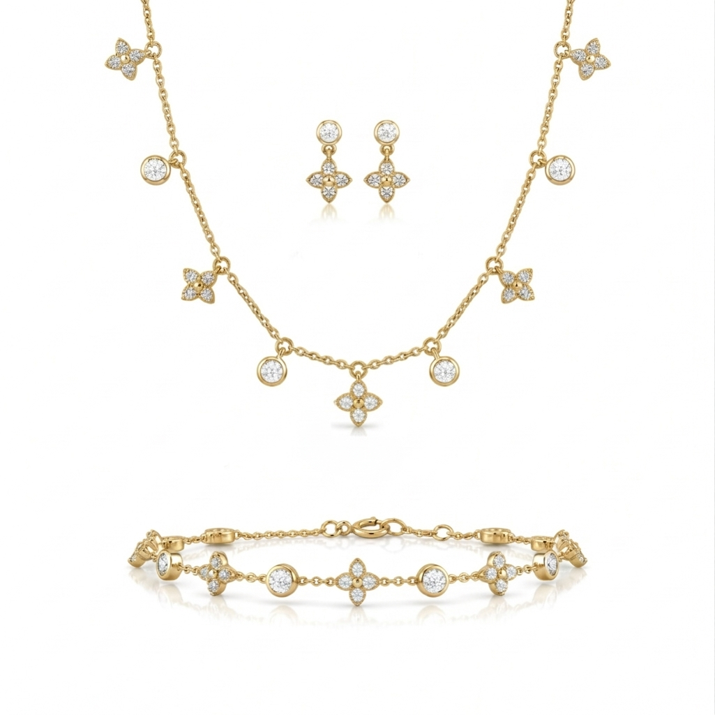 Gold plated jewelry set with necklace, earrings, and bracelet 