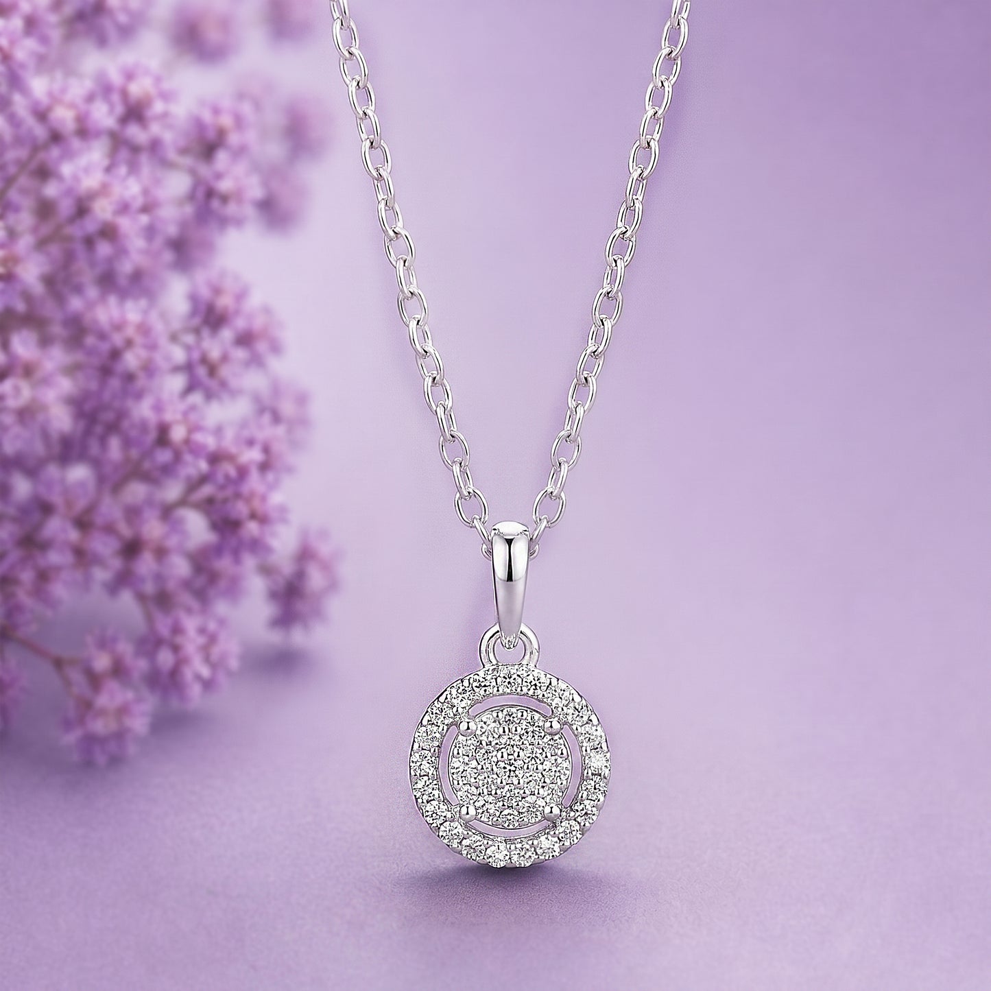 Silver Halo Round Pendant Necklace