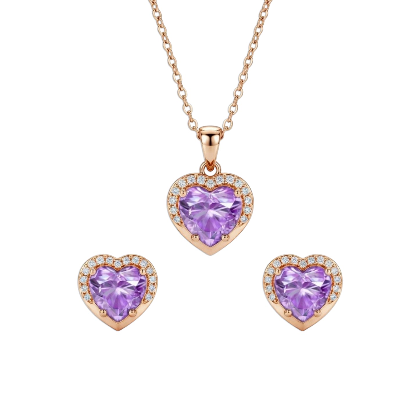Heart-shaped purple gemstone jewelry set with rose gold necklaces and earrings 