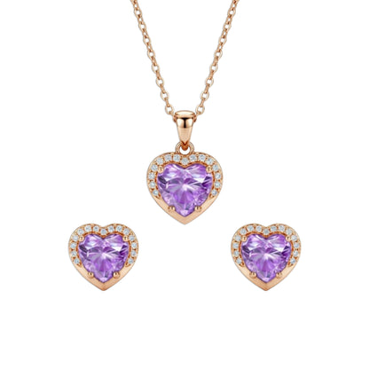 Heart-shaped purple gemstone jewelry set with rose gold necklaces and earrings 