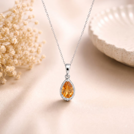 Citrine Diamond Silver Pendant Chain