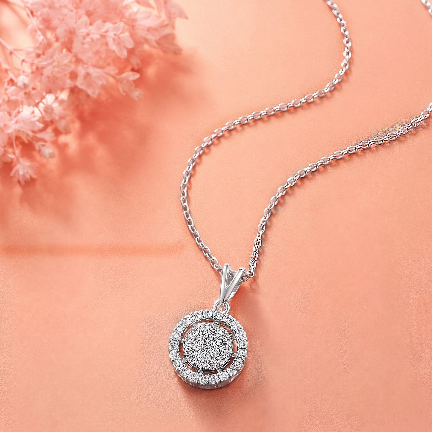 Silver Halo Round Pendant Necklace