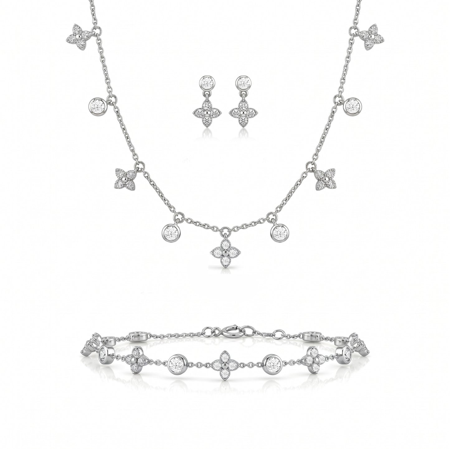 Silver jewelry set with necklace, bracelet, and earrings 