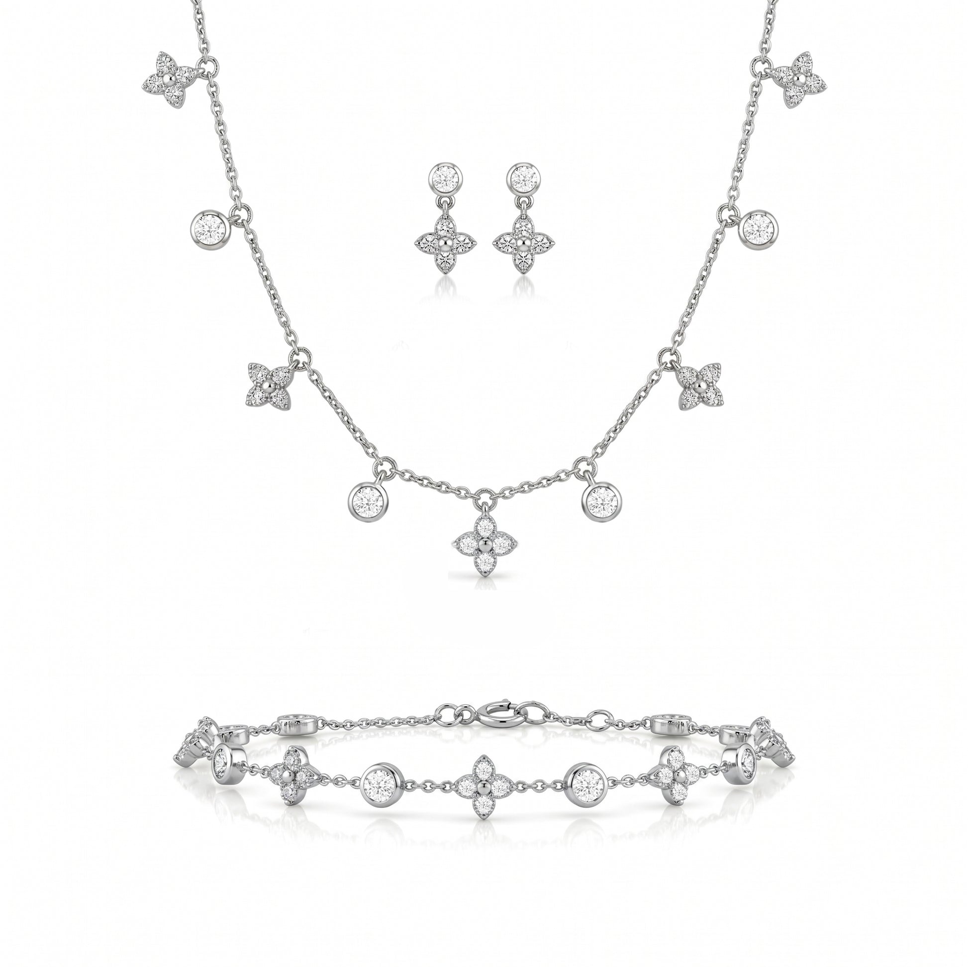 Silver jewelry set with necklace, bracelet, and earrings 