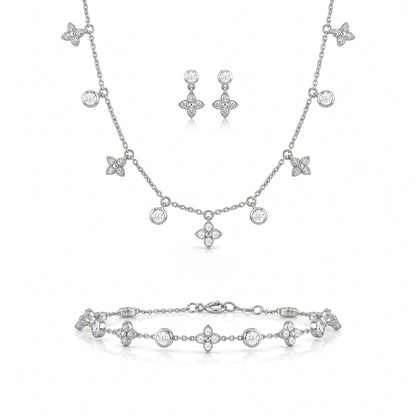 Silver jewelry set with necklace, bracelet, and earrings 