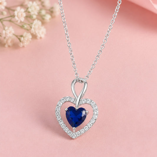 Silver Heart Shaped Blue Sapphire Pendant Chain