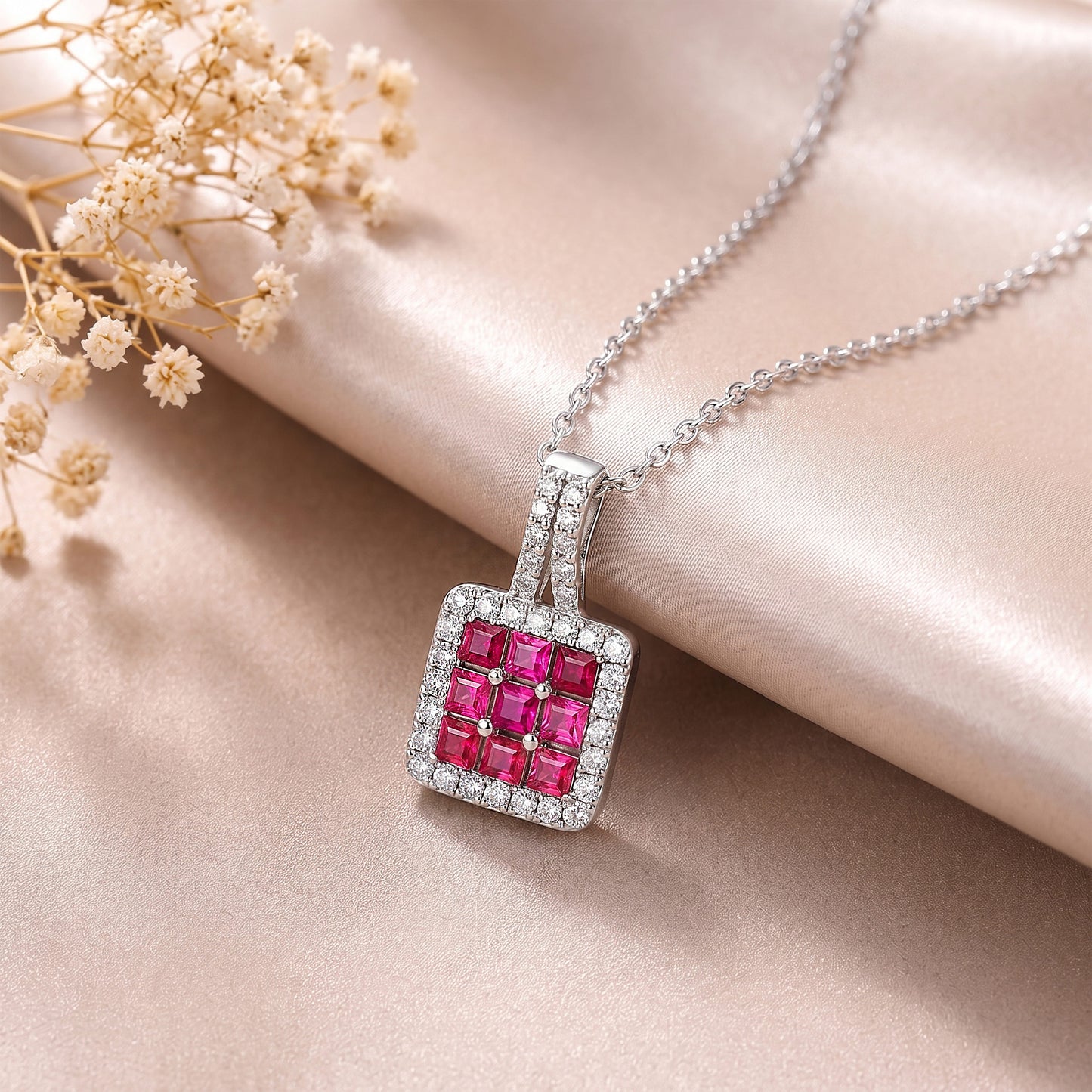 Sterling Silver Ruby Diamond Necklace