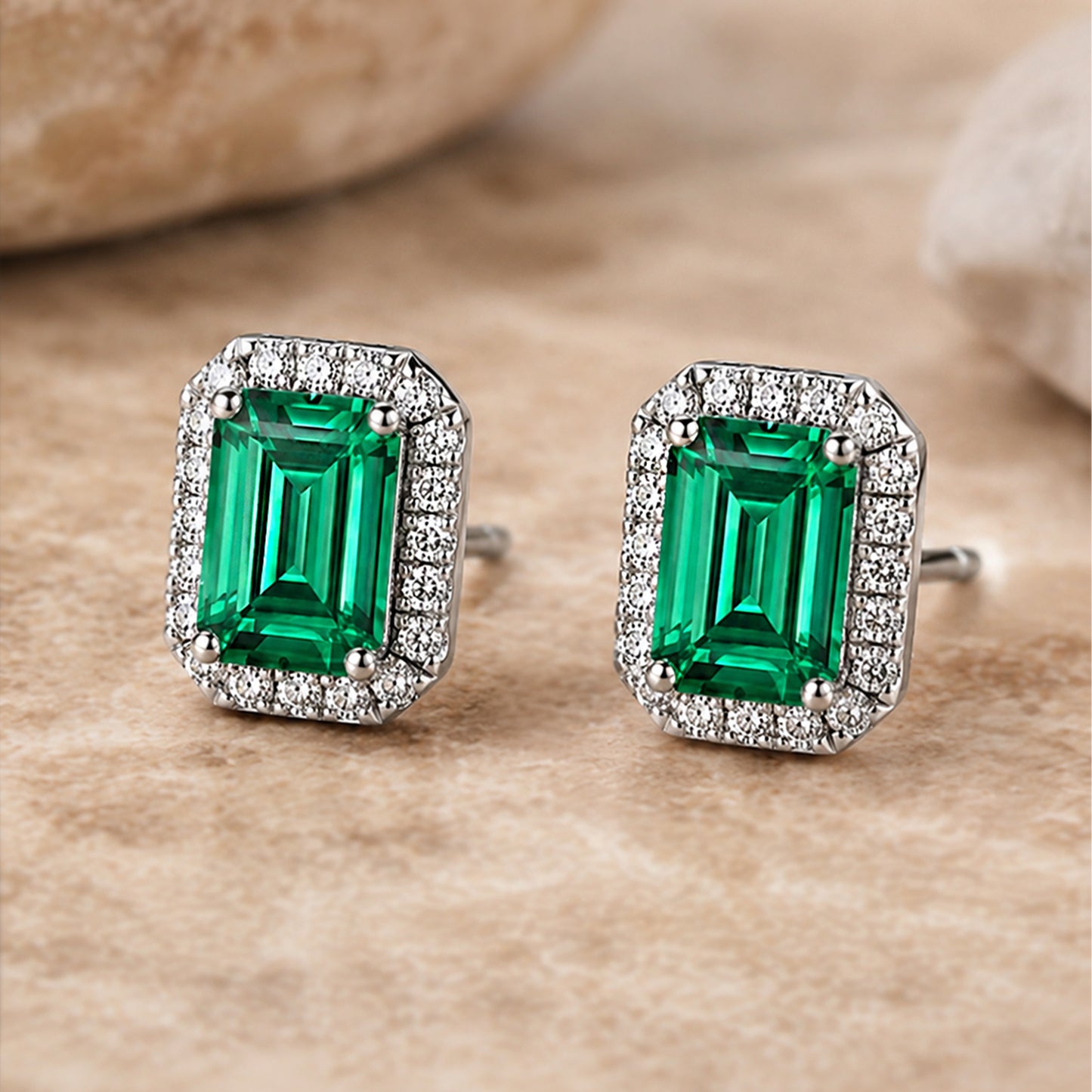 Emerald Cut Silver Stud Earrings