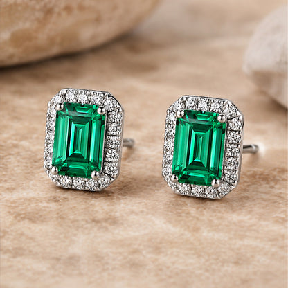 Emerald Cut Silver Stud Earrings