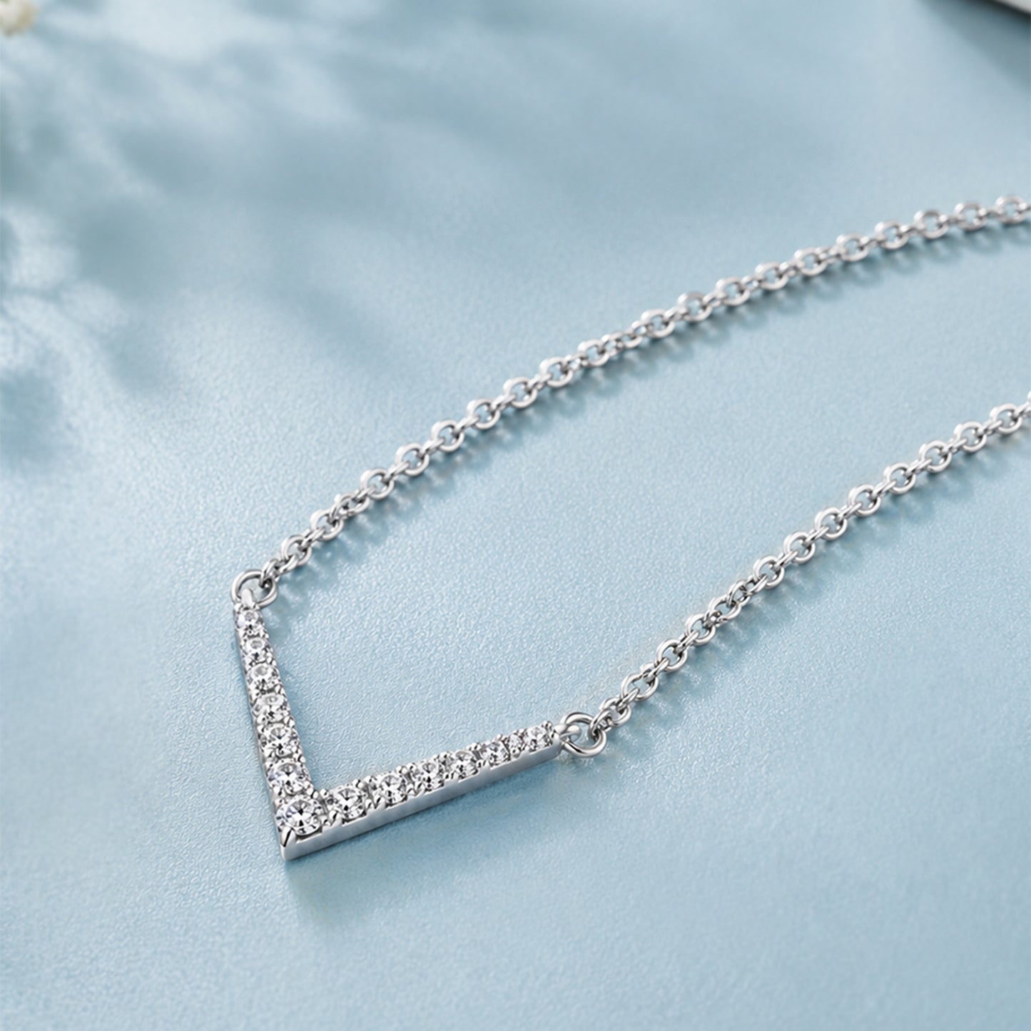 Sterling Silver V Shape Diamond Necklace