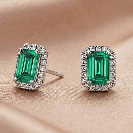 Emerald Cut Silver Stud Earrings