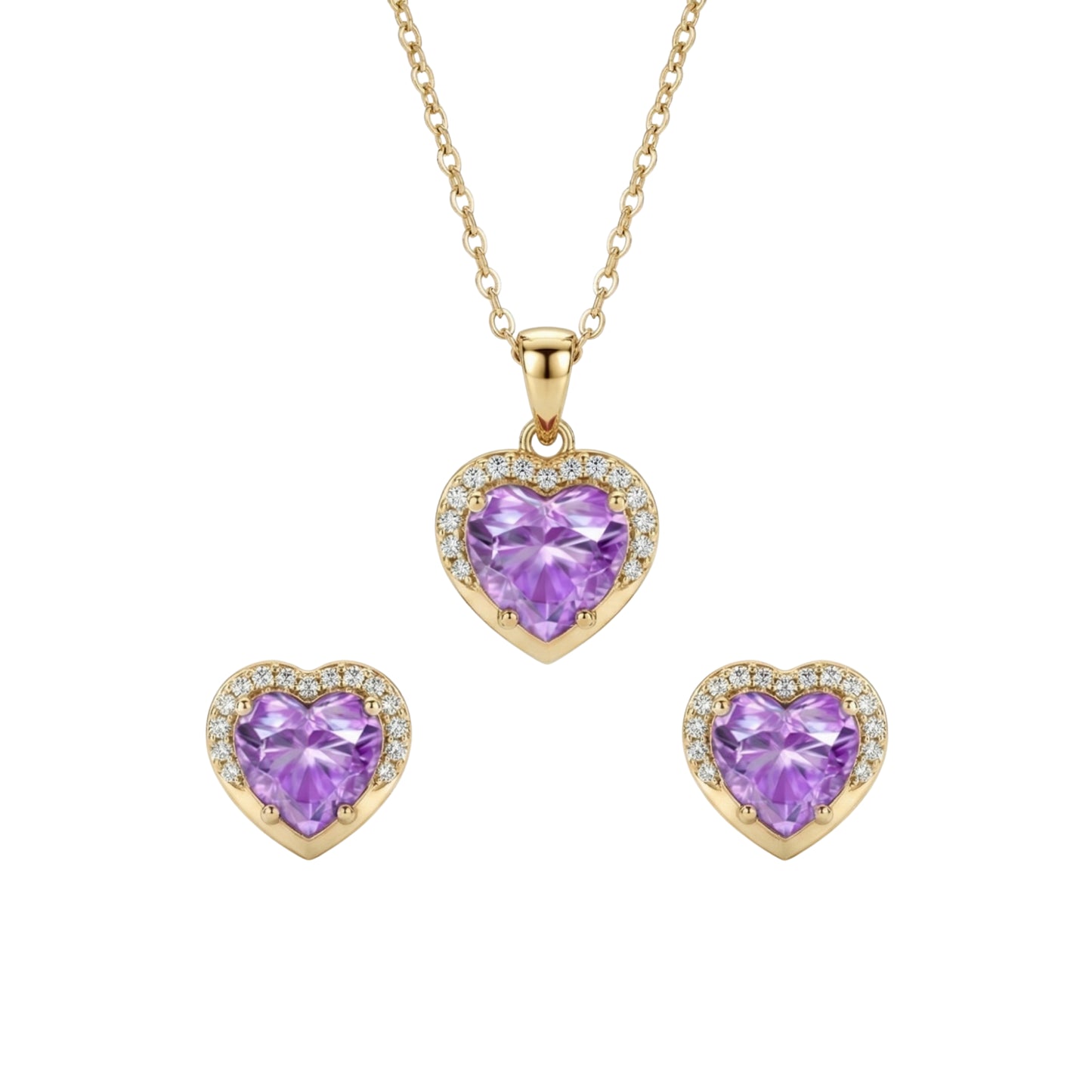 Heart-shaped purple gemstone jewelry set with gold necklaces and earrings