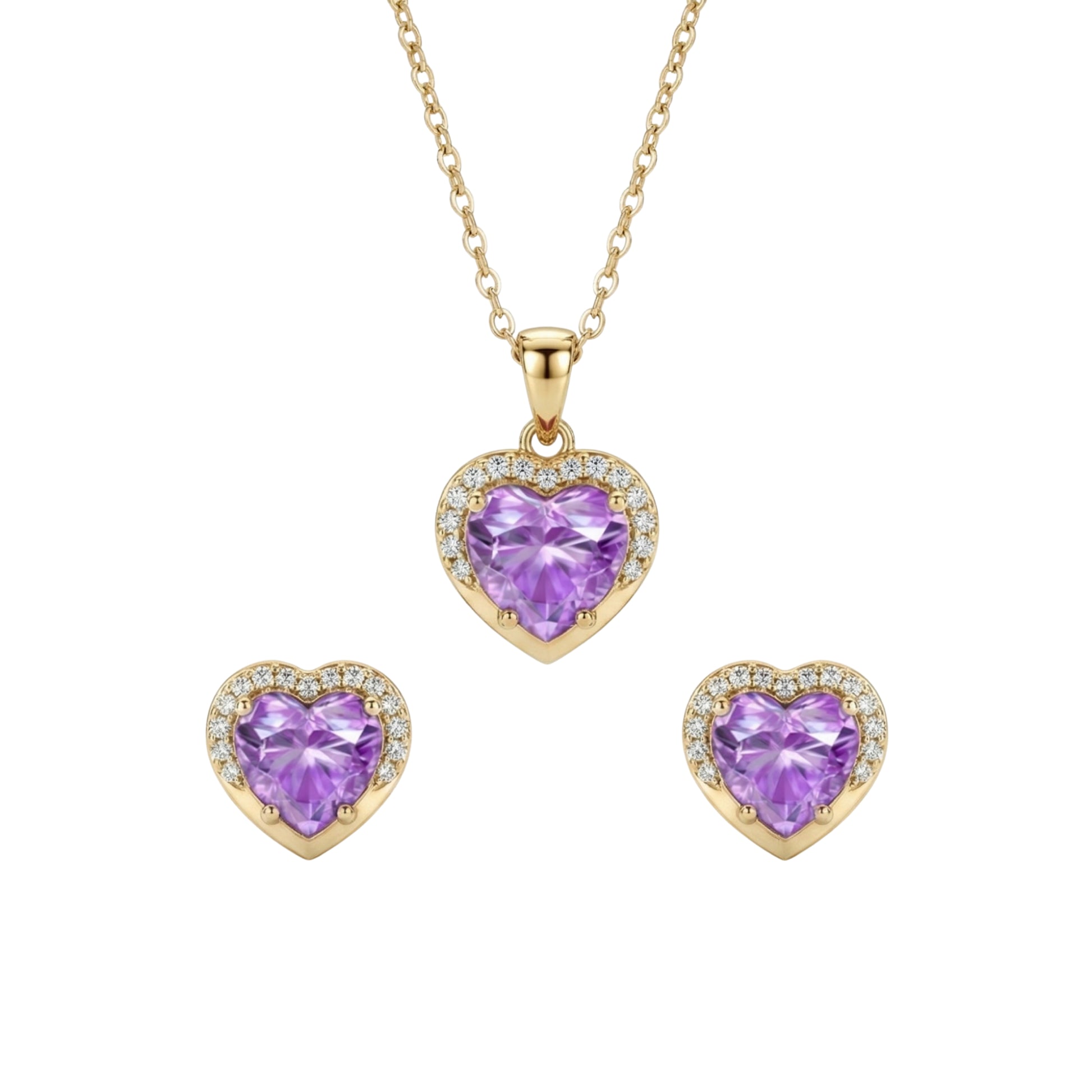 Heart-shaped purple gemstone jewelry set with gold necklaces and earrings