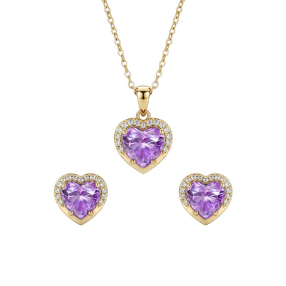 Heart-shaped purple gemstone jewelry set with gold necklaces and earrings