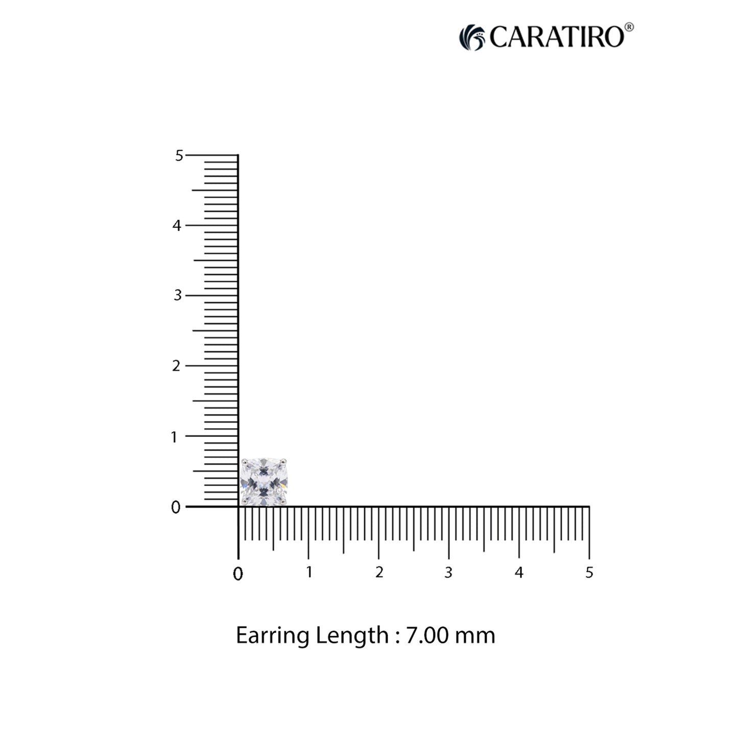 Earring with a ruler showing its length and Caratiro branding.