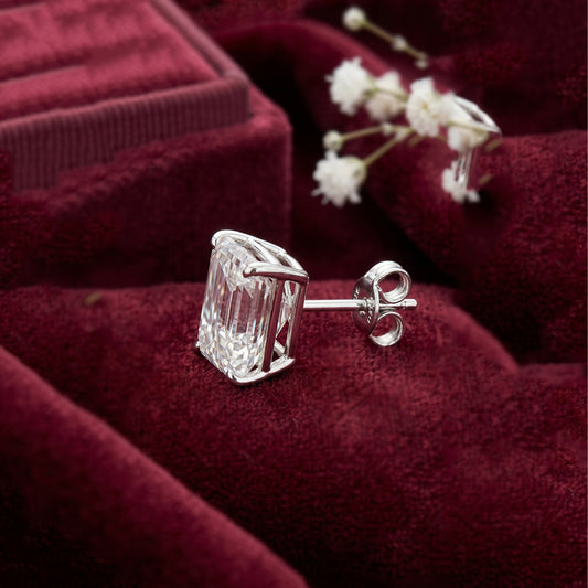 925 Sterling Silver Emerald Cut White Diamond Solitaire Stud