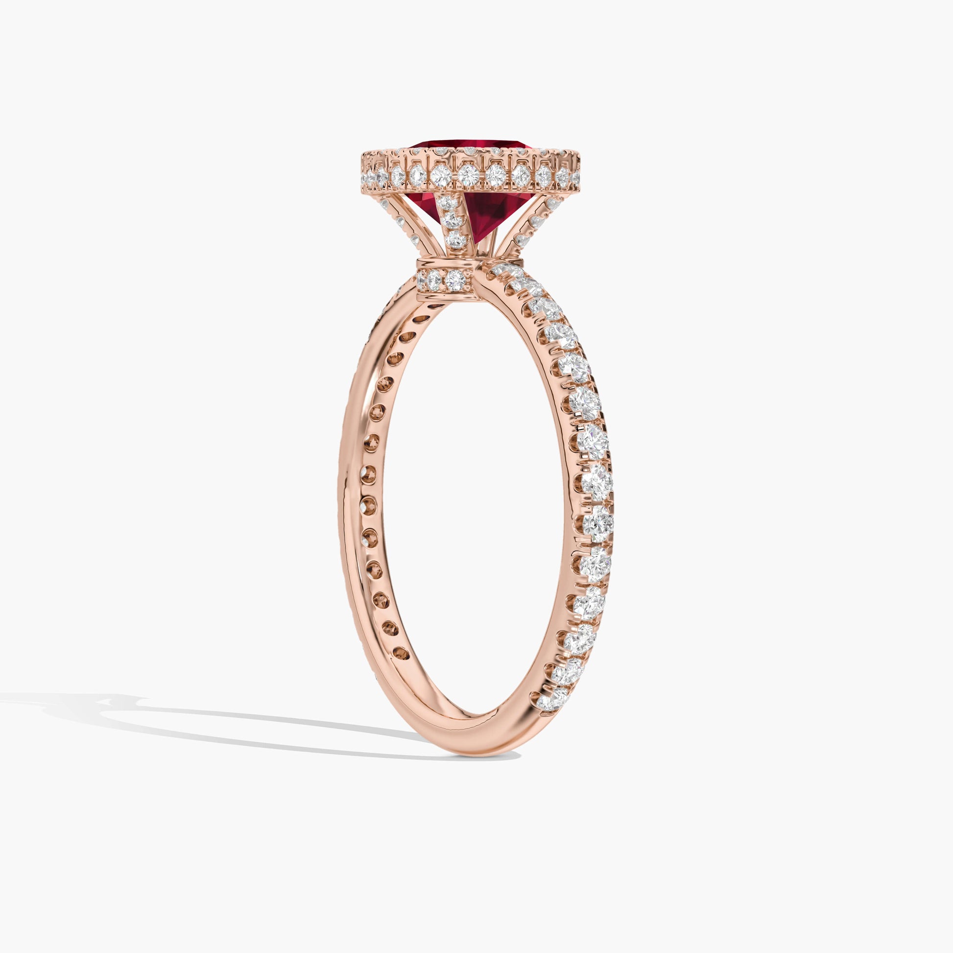 Halo cushion cut ruby diamond ring