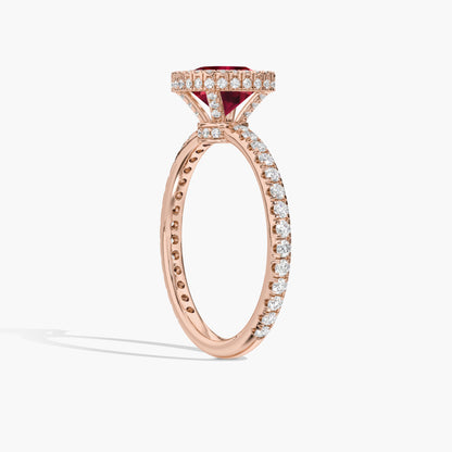 Halo cushion cut ruby diamond ring