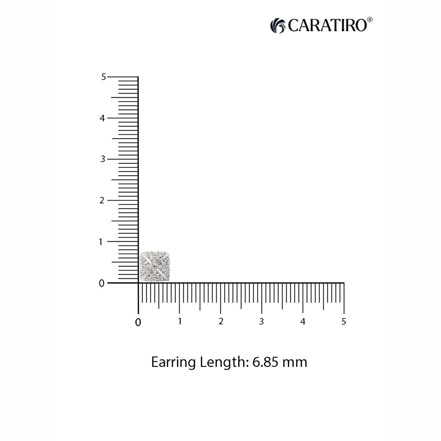 Earring with a ruler showing its length of 6.85 mm, branded 'CARATIRO'.
