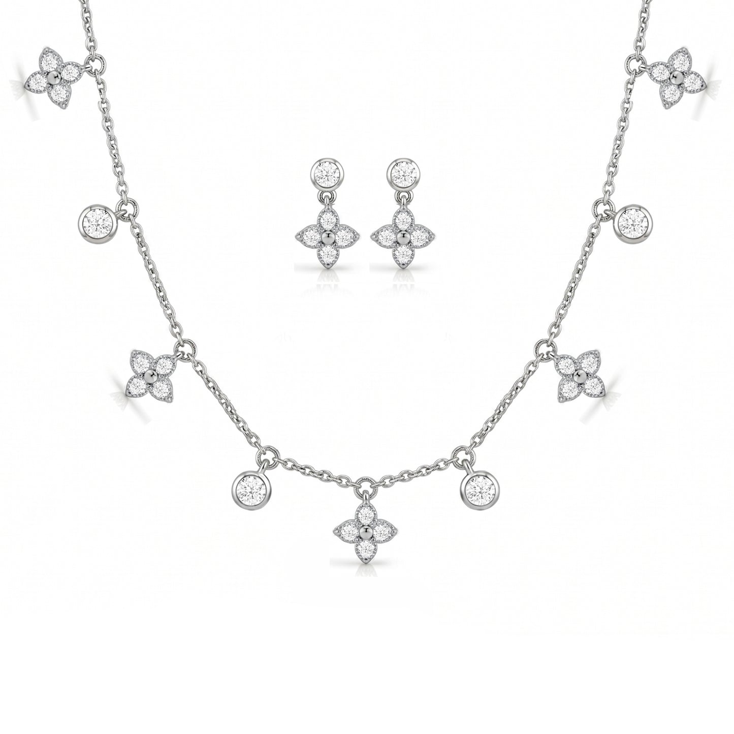 Silver necklace and earrings with butterfly and diamond 