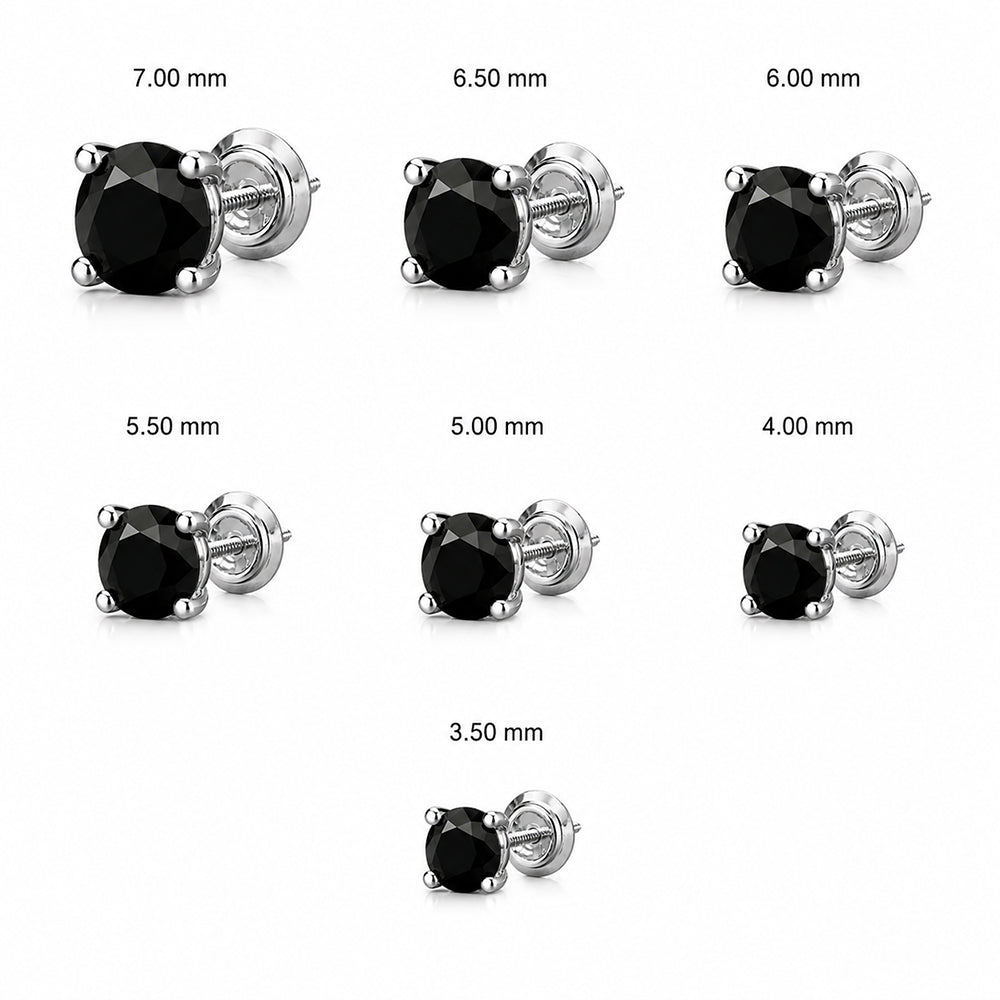 Seven pairs of round black gemstone stud earrings in silver settings, shown in decreasing sizes from 7.00 mm to 3.